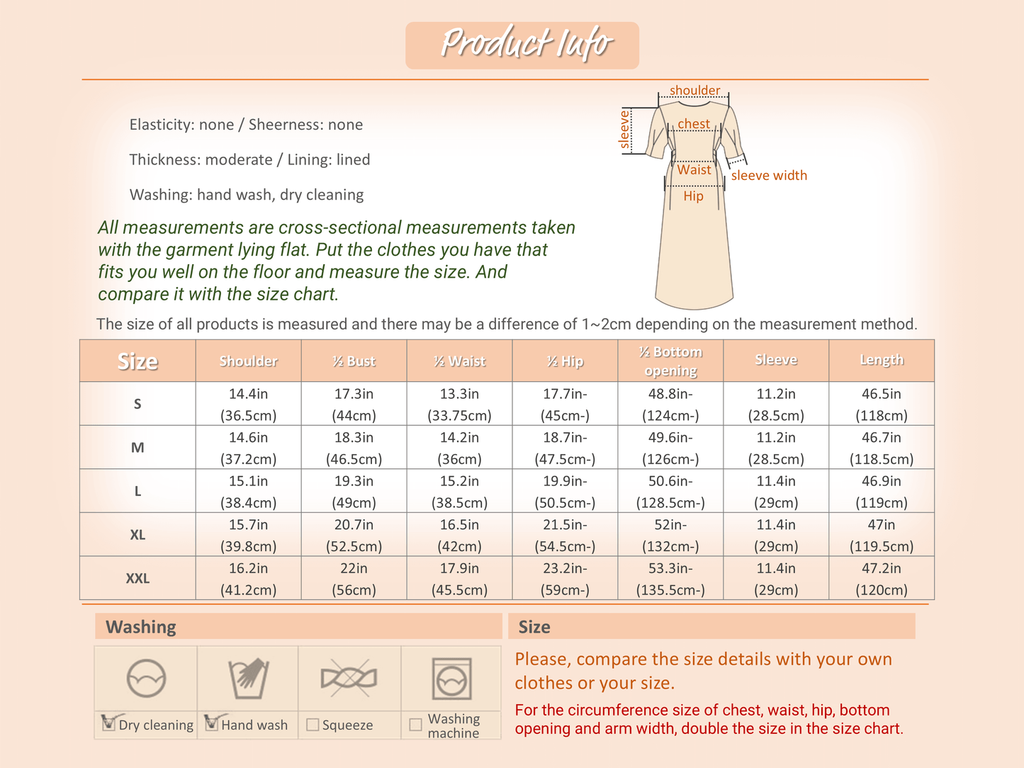 Pleated dress size chart with washing instructions, showing garment measurements for chest, waist, hip, and length in various sizes.