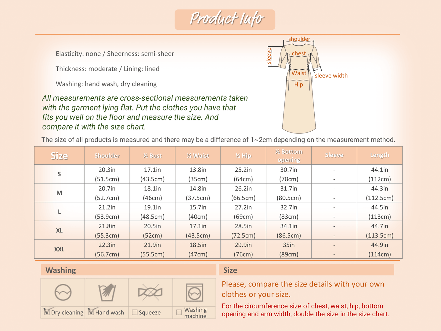 Detailed size chart for shirt dress with sleeve, shoulder, bust, waist, hip measurements from S to XXL, including washing instructions.