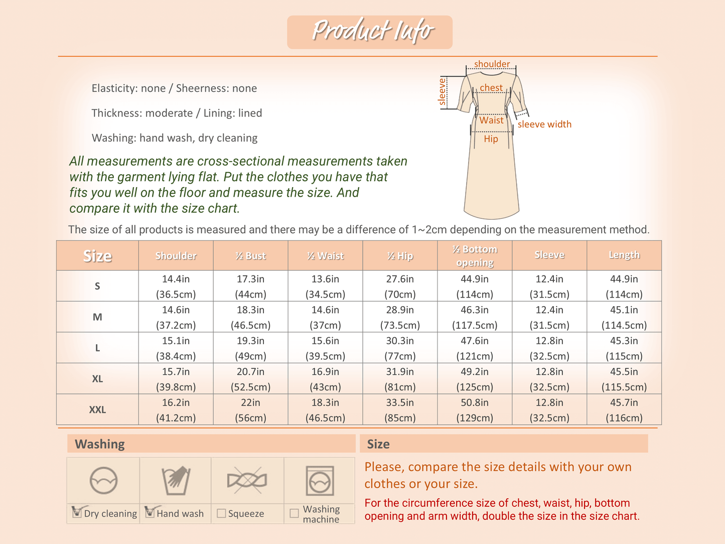 Size chart and care instructions for dress, detailing measurements for sizes S to XXL, washing symbols, and garment care advice.