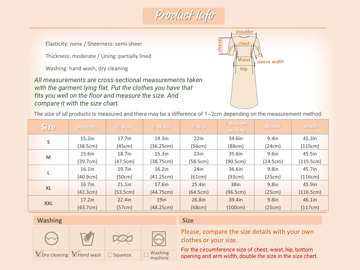 Sizing and care guide for romantic floral dress with pintuck detail and collar neckline, including measurements and washing instructions.