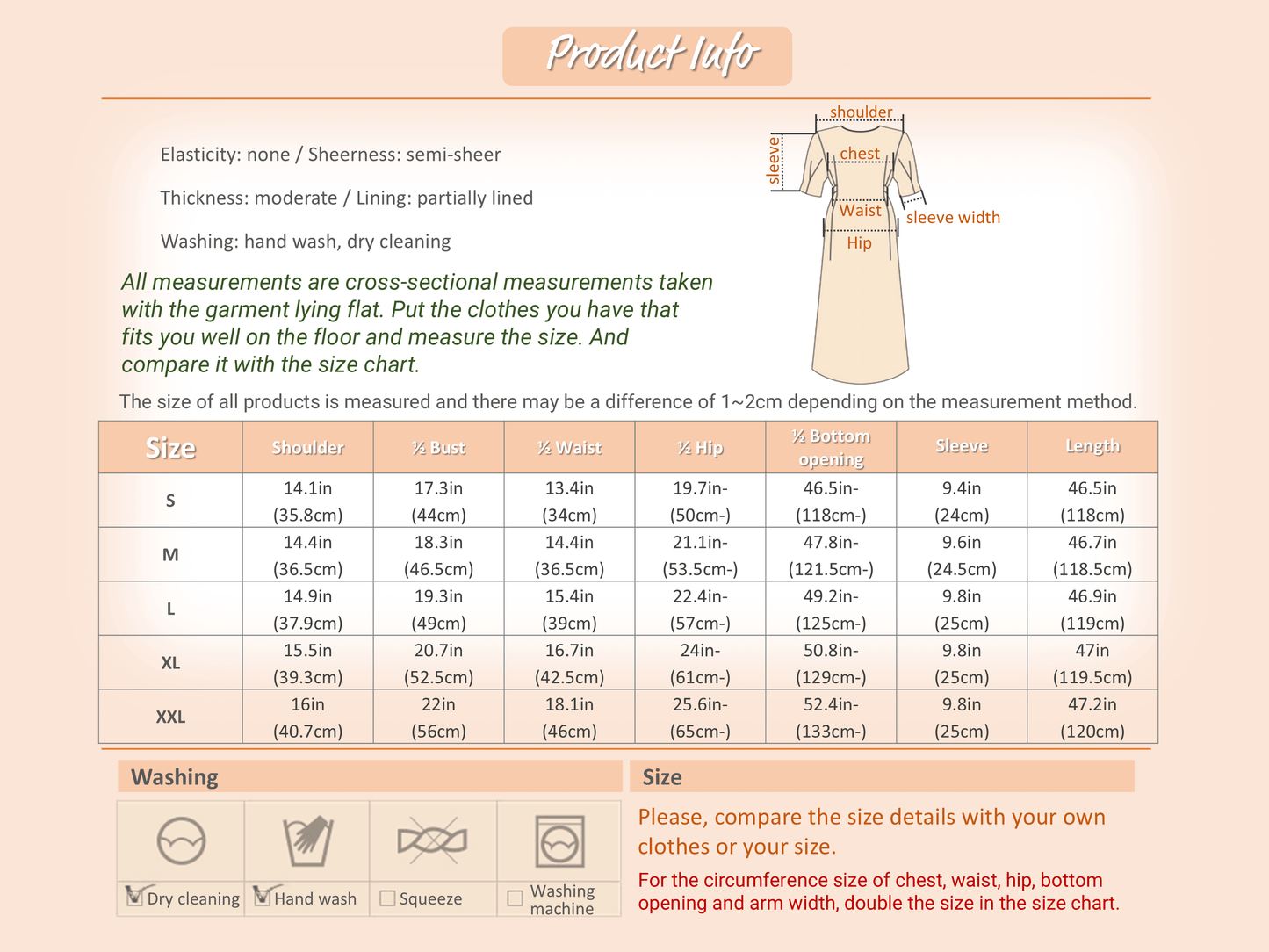 Size chart and care instructions for chiffon dress, detailing measurements for different sizes and washing methods.