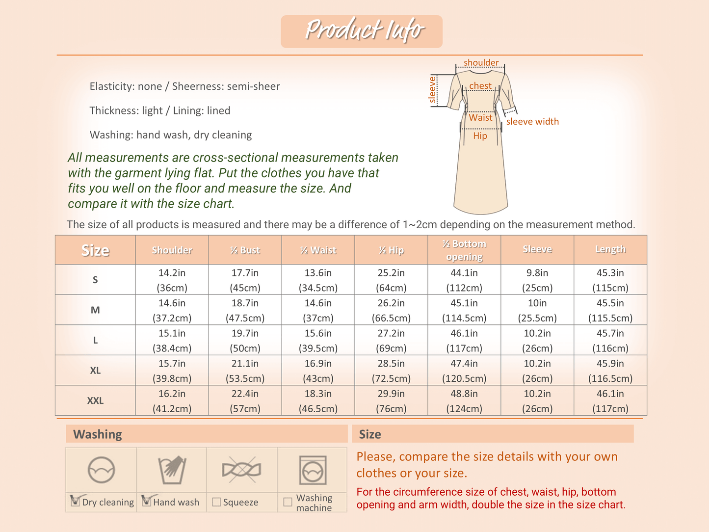 Clothing size chart with measurements for shoulder, bust, waist, hip, sleeve, and length. Includes washing instructions and notes.
