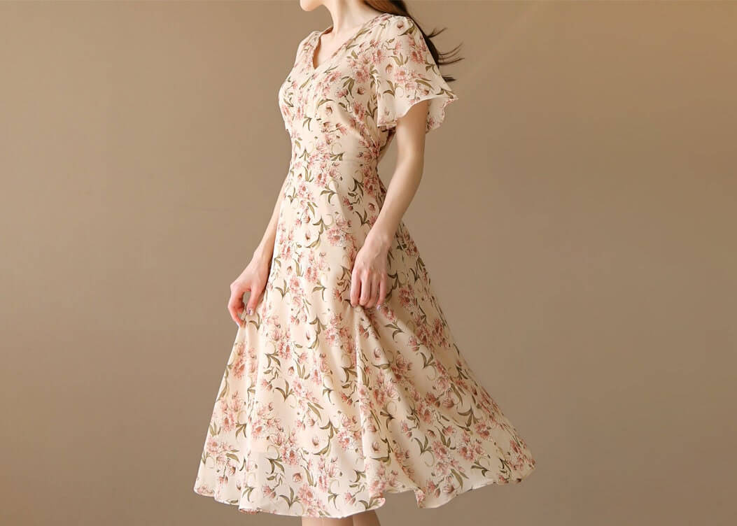 Floral Pattern Spring Summer Midi Dress / Korean Style Women Long Dress / Short Sleeve Dress / Feminin Elegant Dress / Plus Size Dress