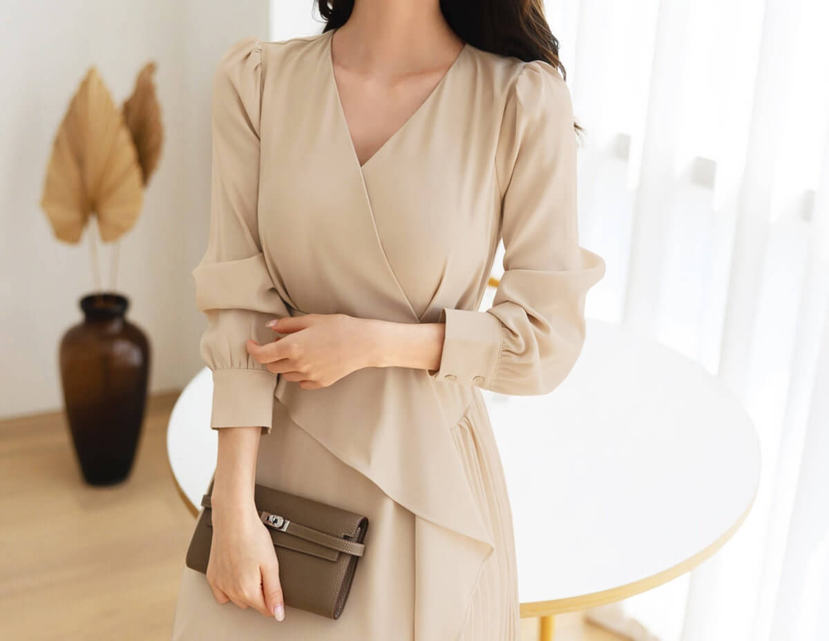 Beige draped Midi Dress with Belt / V-neck Unbalance Side Pleated Long Dress / Korean Style Women Dress / Elegant Feminin Dress / Plus Size