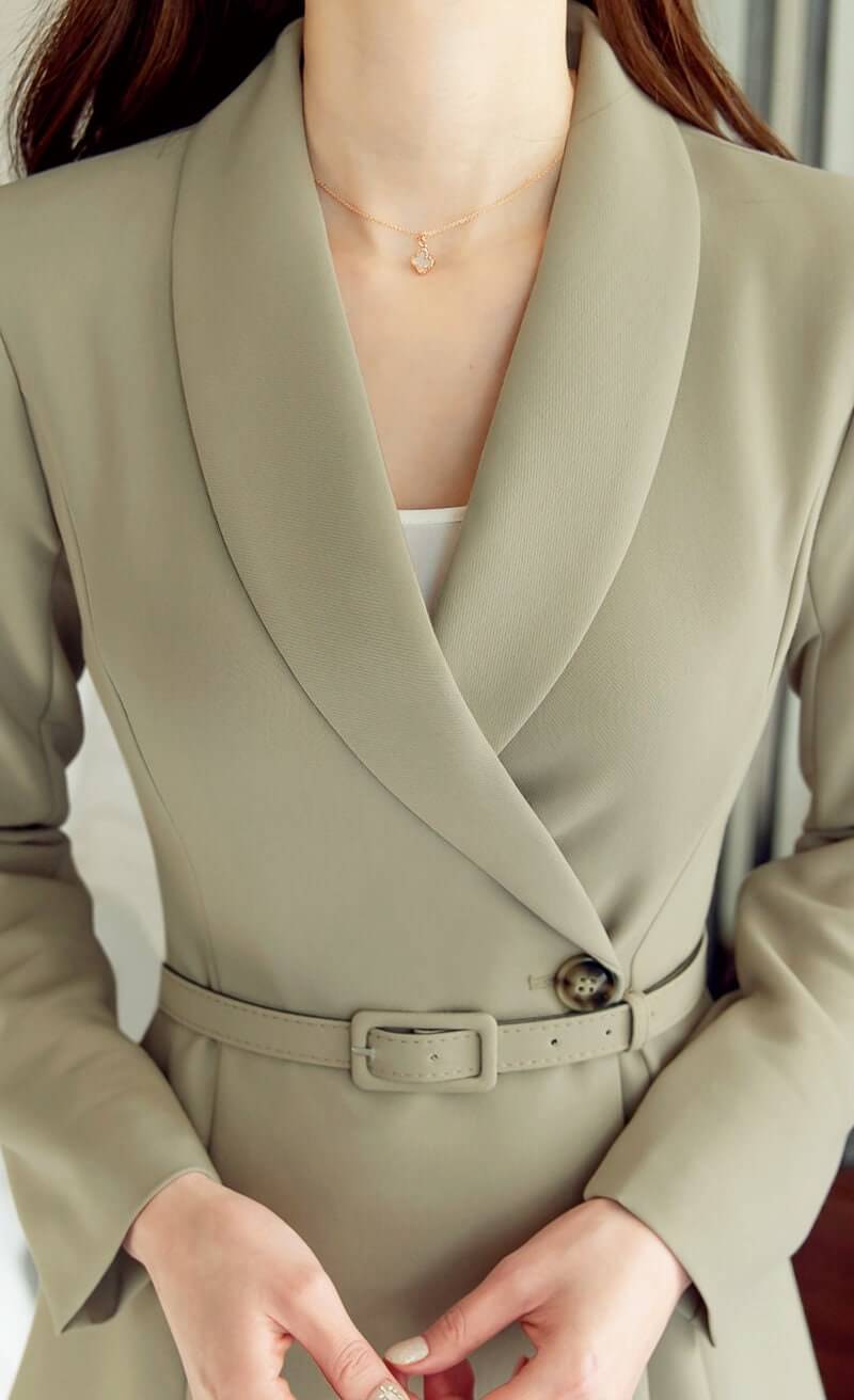 One Button Midi Dress Jacket Coat / Korean Style Elegant Feminin Midi Dress with Belt / Long Sleeve Chic Luxury Jacket Style Dress