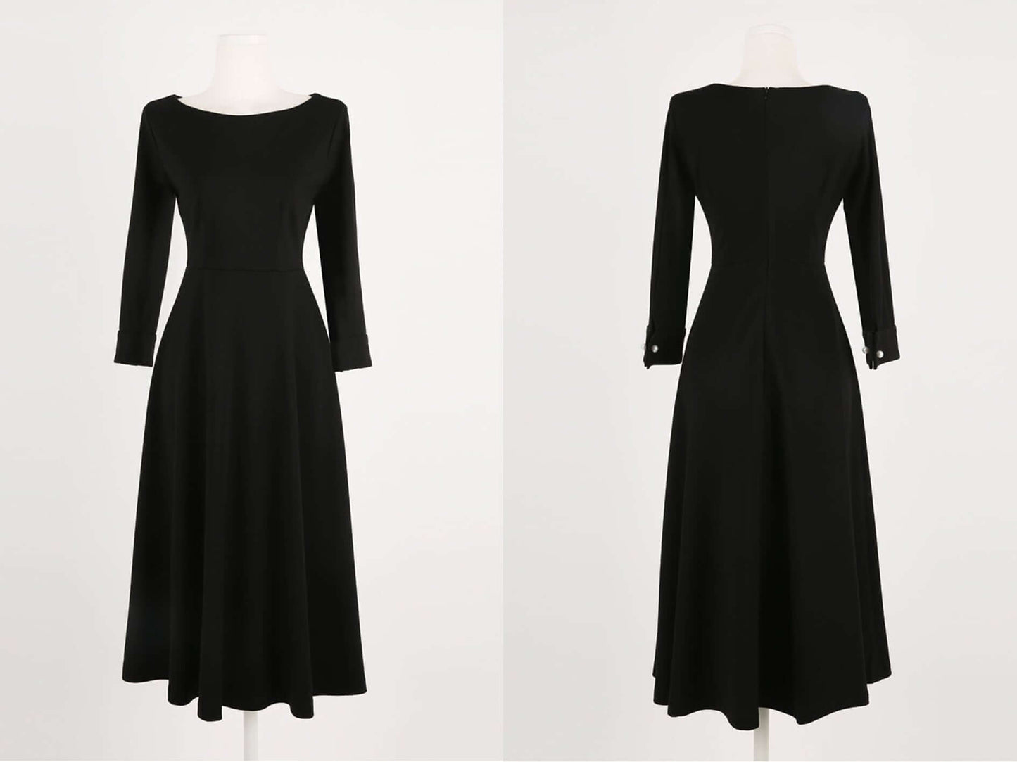 Elegant Black Flare Dress / Korean Style Boat Neck Midi Dress / Clasic Simple Flare Dress