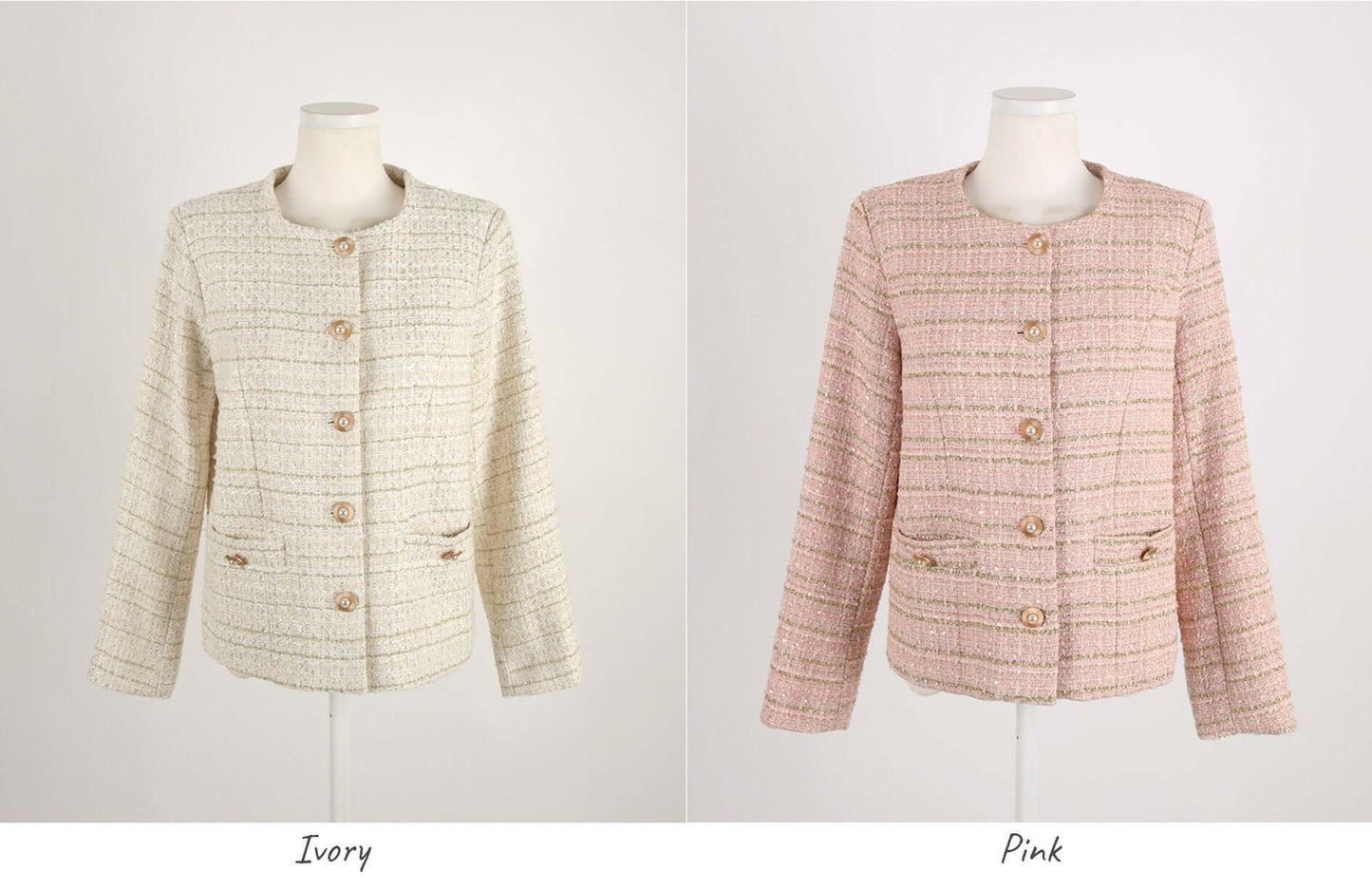Elegant Check Tweed Jacket / Korean Style Classic Femine Jacket / Long Sleeve Soft Jacket Pink, Ivory