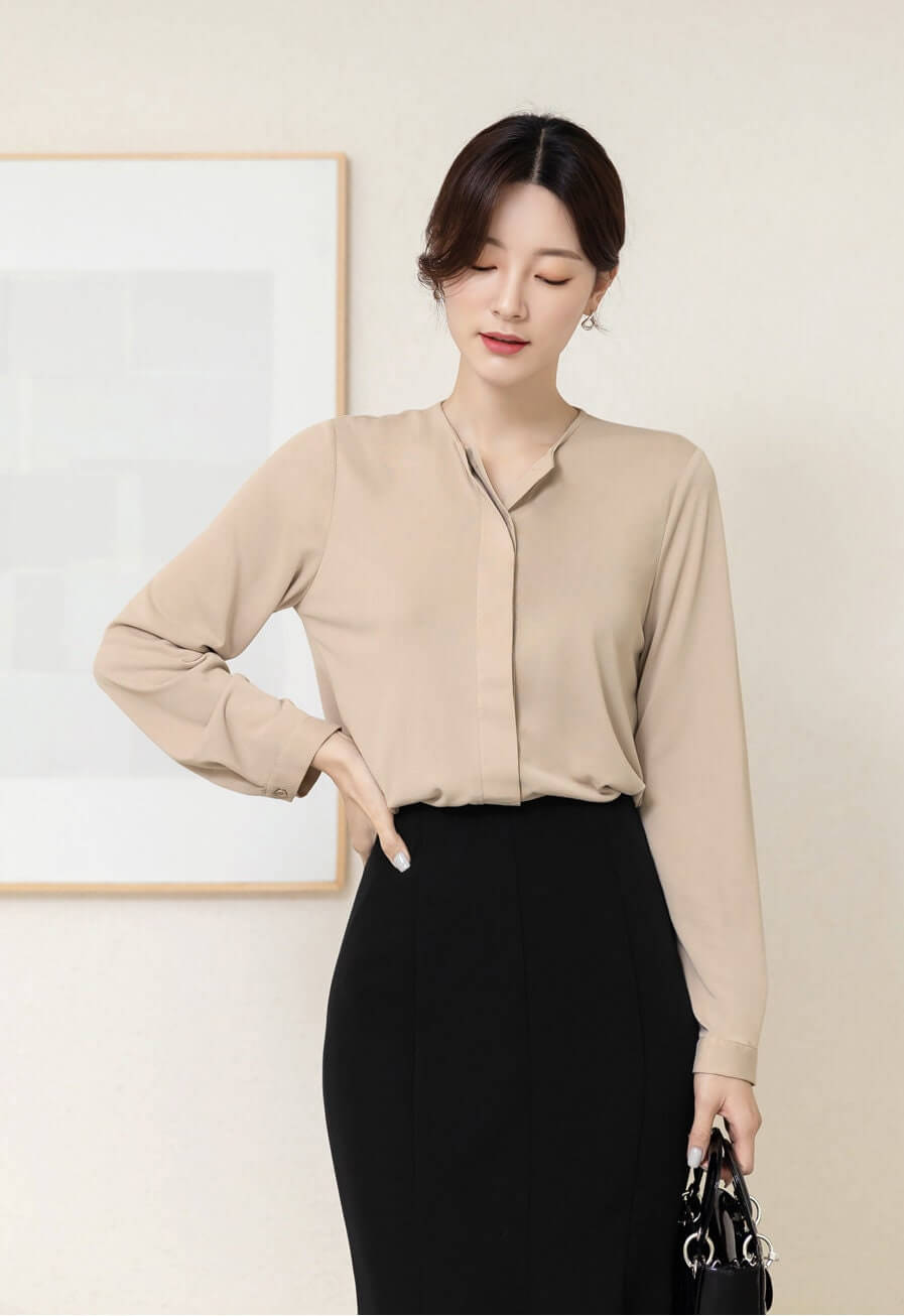 Basic Style Soft Jersey Blouse with Tie / Korean Style Tie Neck Blouse Top / Office Look Top / Everyday Soft Blouse