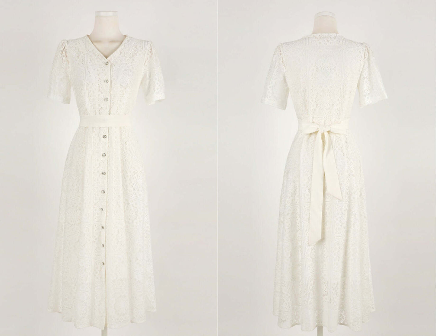 Short Sleeve Ivory Lace Dress / Vintage Style Front Button Wedding Dress / Korean Style V-neck Feminine Dress / Elegant Unique Bridal Dress