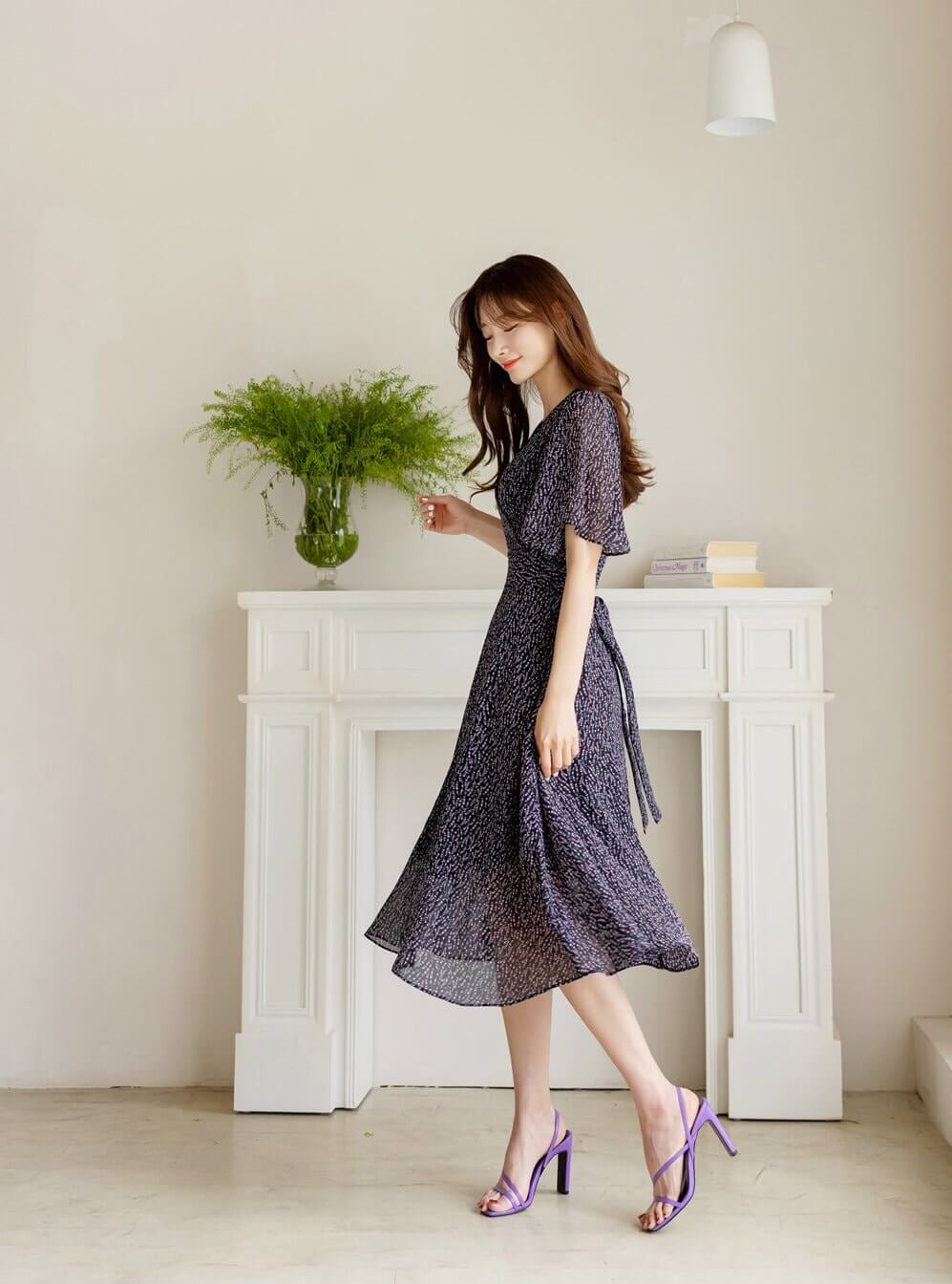 Frill Chiffon Floral Long Dress - Elegant V-neck Dress STUDIO731 Frill Chiffon Floral Long Dress - Elegant V-neck Dress STUDIO731