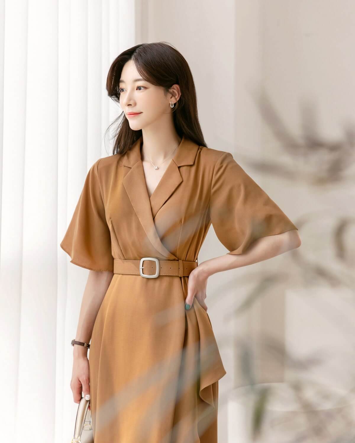 Draped Midi Dress / V-neck Spring Summer Dress / Korean Style Women Dress / Elegant Feminin Dress