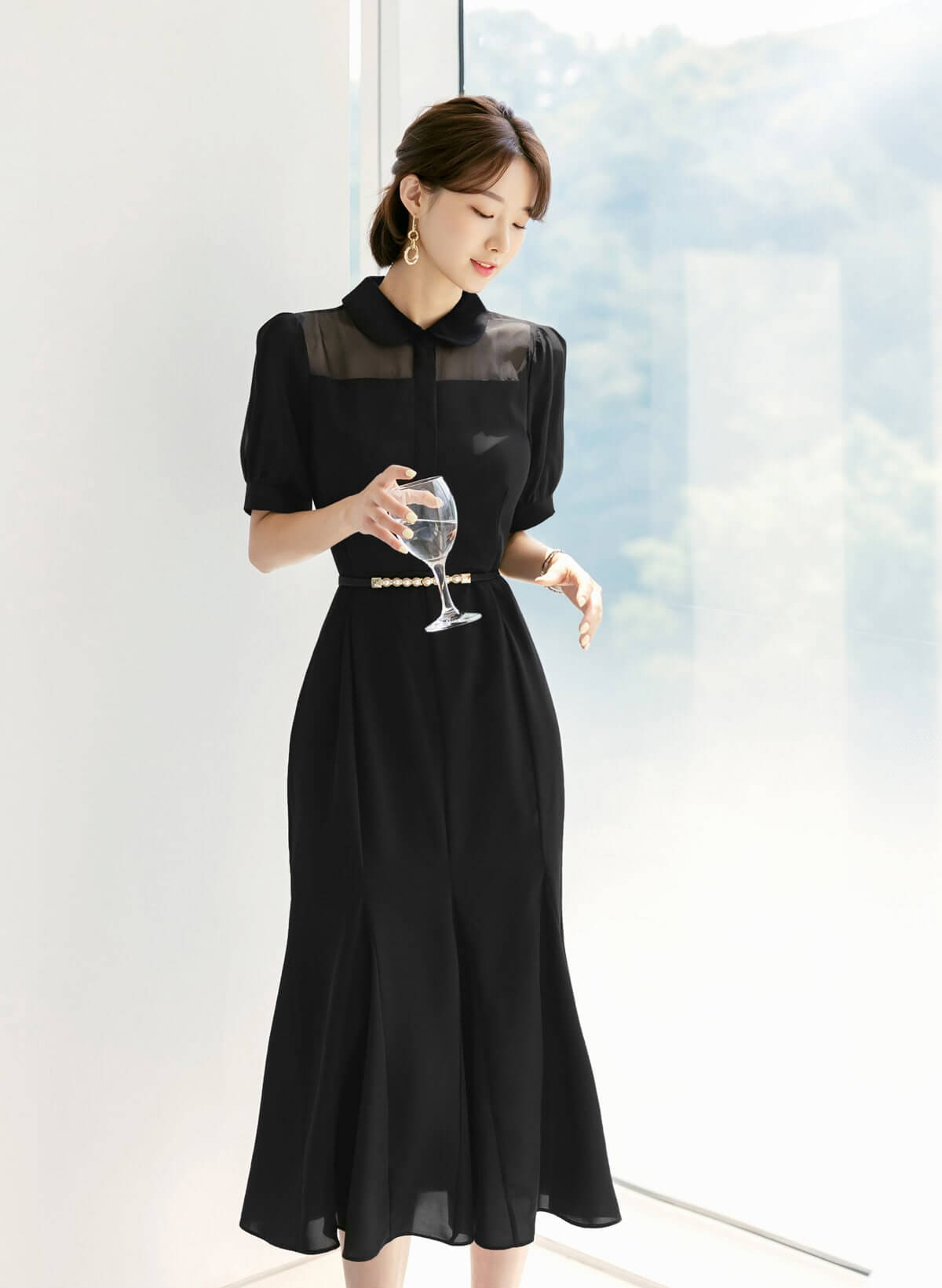 See-Through Puff Sleeve Simple Black Dress / Korean Style Women Dress / Elegant Black Dress / Simple Semi Mermaid Silhouette Midi Dress