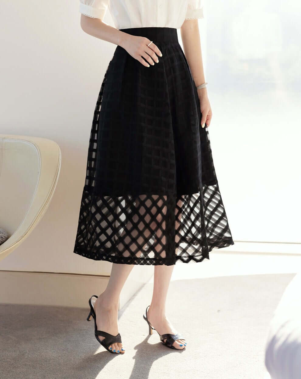 Elegant Feminine See-Through Flare Skirt / Korean Style Party Dress Skirt / Daily Dressy Midi Skirt