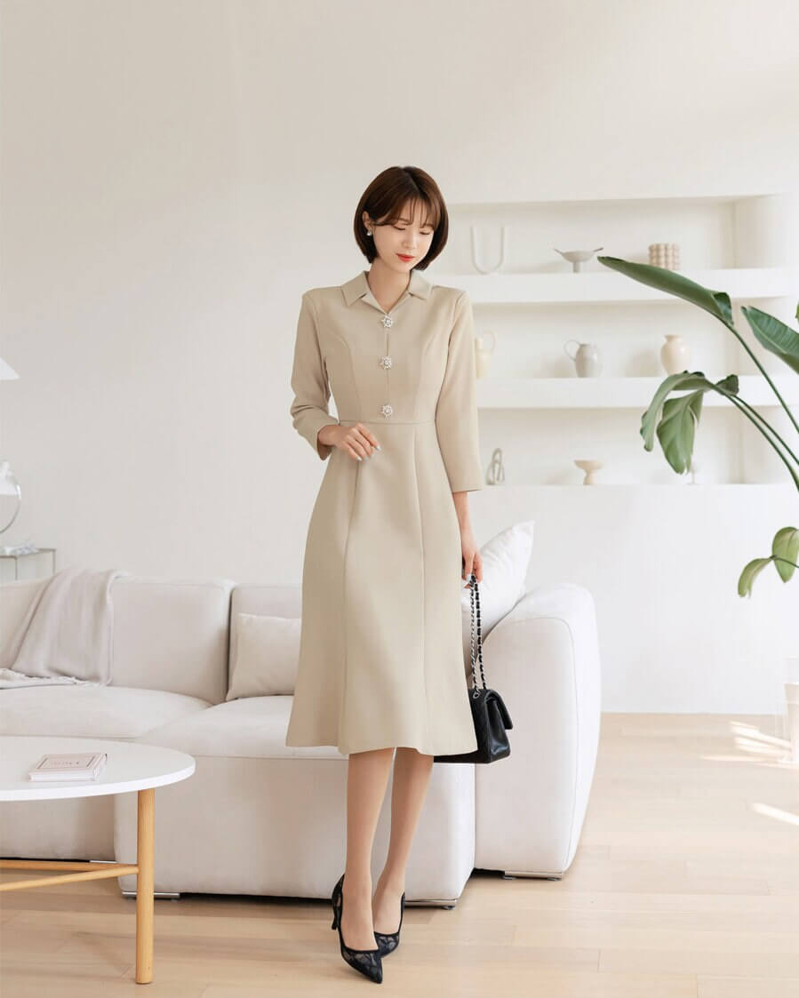 Elegant Semi-Mermaid Dress for Spring Fall / Korean Style V Neck Midi Dress / Clasic Simple Women Dress with Jewel Point