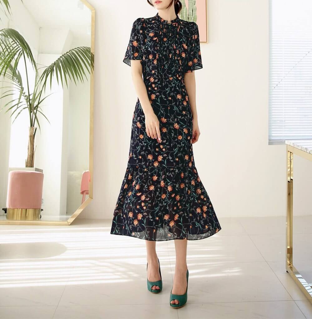 Floral Chiffon Long Dress / Short Sleeve Spring Summer Side Slit Dress / Korean Style Feminin Midi Dress / Plus Size Dress