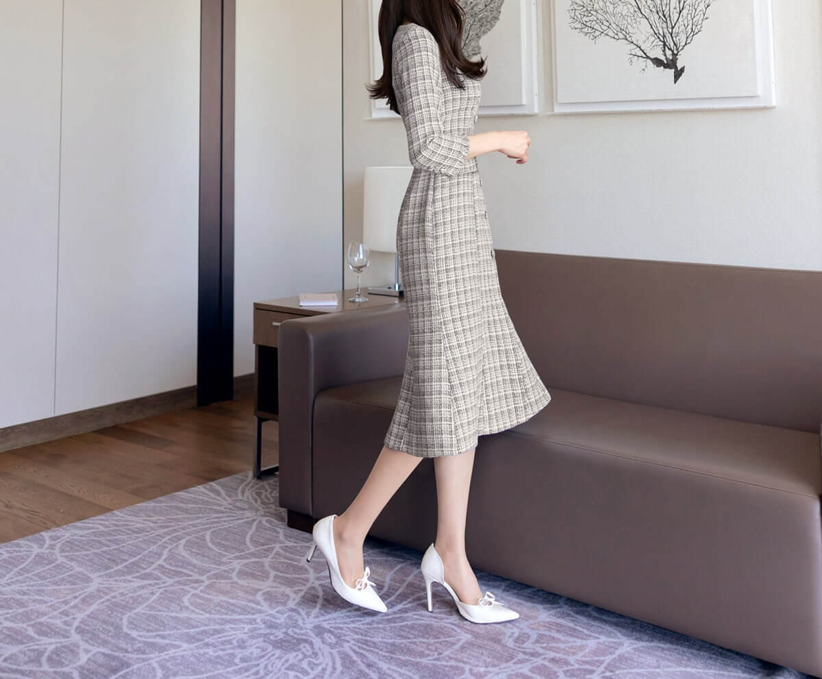 Elegant Feminine Semi-Mermaid Tweed Dress / Korean Style Mini Dress with Belt / Luxury Wear Elegant Dress for Spring, Fall
