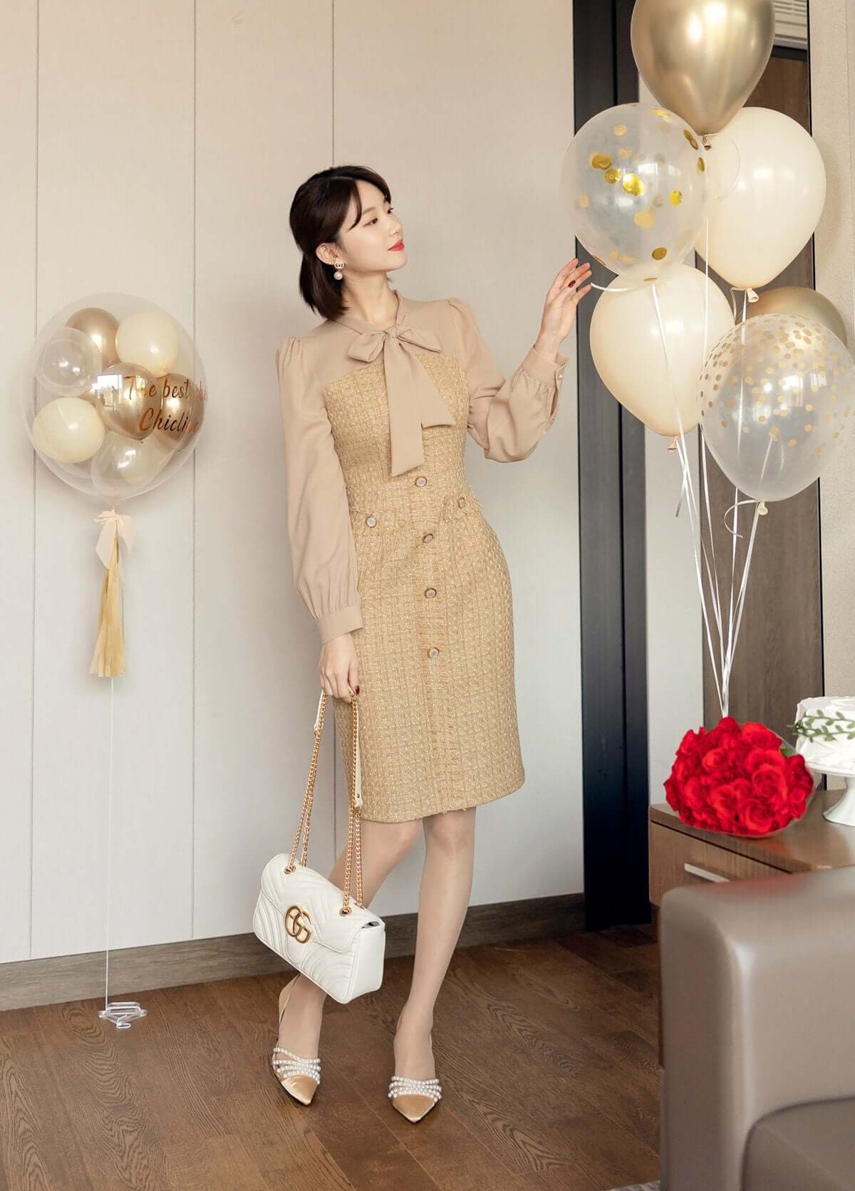 Tie Blouse Top Style Tweed Mini Dress / Korean Style Party Dress / Luxury wear Elegant Mini Dress