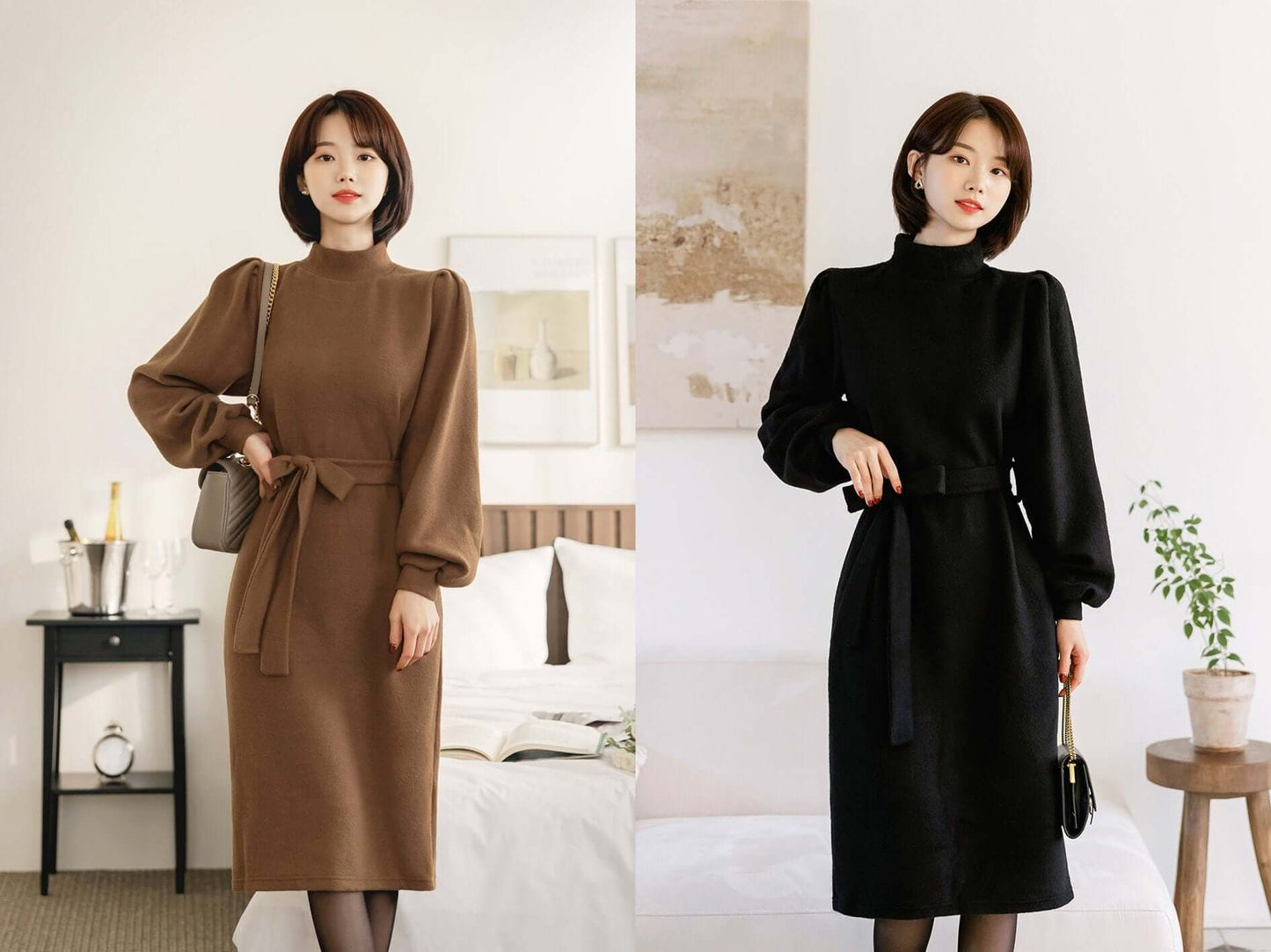 Elegant Feminin Long Sleeve Half-Neck Warm Dress / Korean Style Classic Midi Dress / Basic Long Sleeve Fall Winter Dress