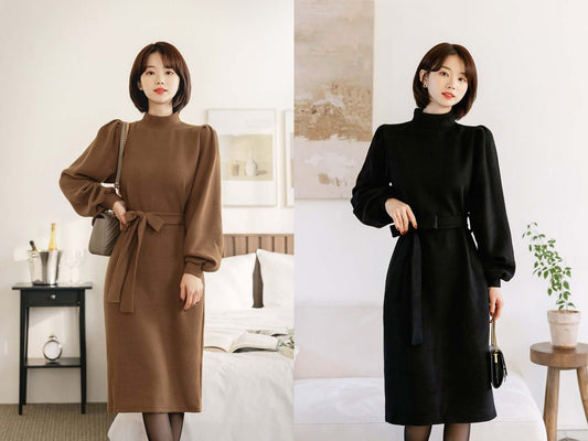 Elegant Feminin Long Sleeve Half-Neck Warm Dress / Korean Style Classic Midi Dress / Basic Long Sleeve Fall Winter Dress