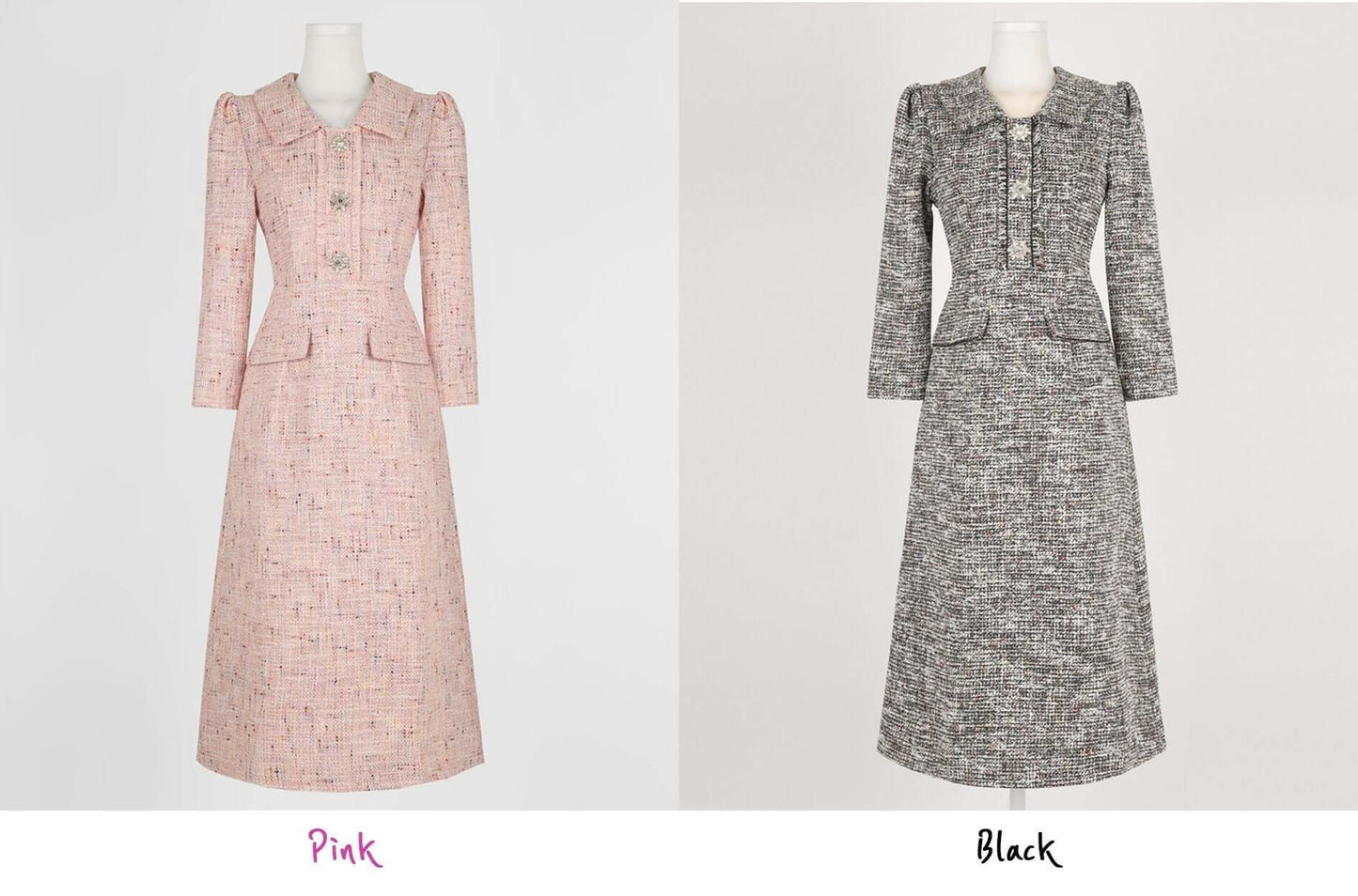 Classic Elegant Tweed Dress with Jewel Button / Korean Style Feminine Midi Dress / Luxury wear Elegant Party Dress
