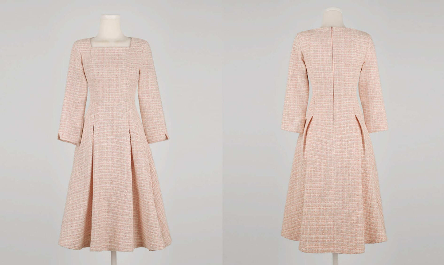 Elegant Classic Tweed Square Neck Flare Dress / Korean Style Feminine Mini Dress / Luxury wear Elegant Party Dress