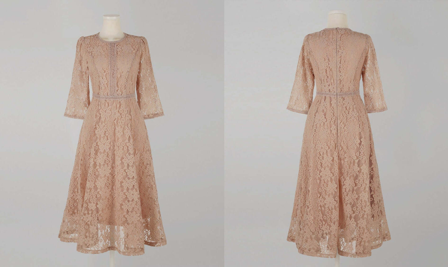 Half Sleeve Floral Pattern Lace Flare Dress / Korean Style Flower Lace Midi Dress / Luxury wear Elegant Dress