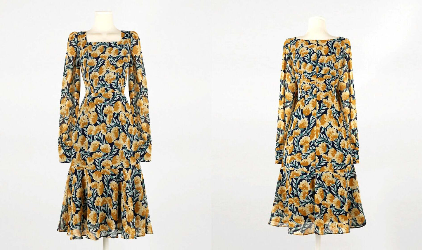 Floral Chiffon Square Neck Mini Dress / Long Sleeve Spring Summer Dress / Korean Style Feminin Mini Dress