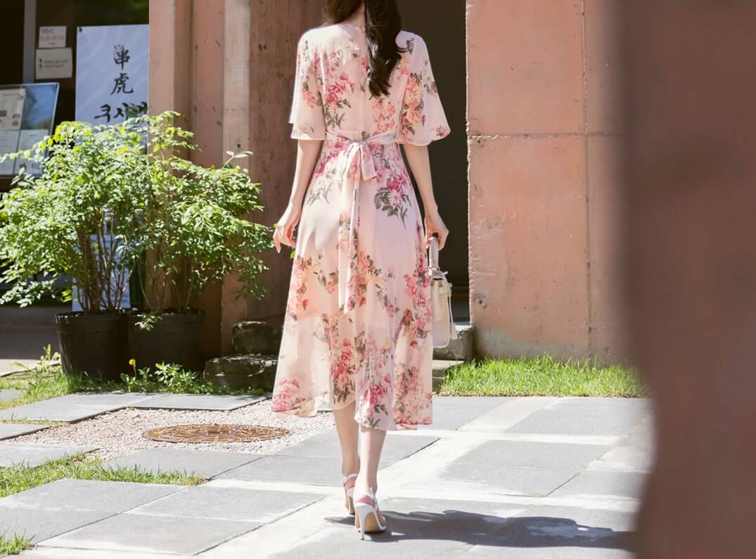 Short Sleeve Chiffon Long Dress / Korean Style Women Dress / V-neck Wing Sleeve Midi Dress / Bridesmaid Dress