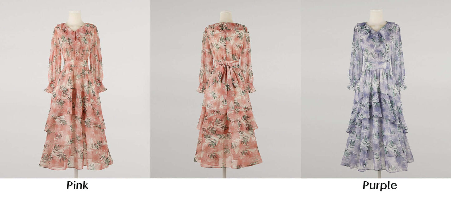 Floral Pattern Spring Summer Rich Ruffle Midi Dress / Korean Style Women Chiffon Dress / Lovely Feminin Style Dress
