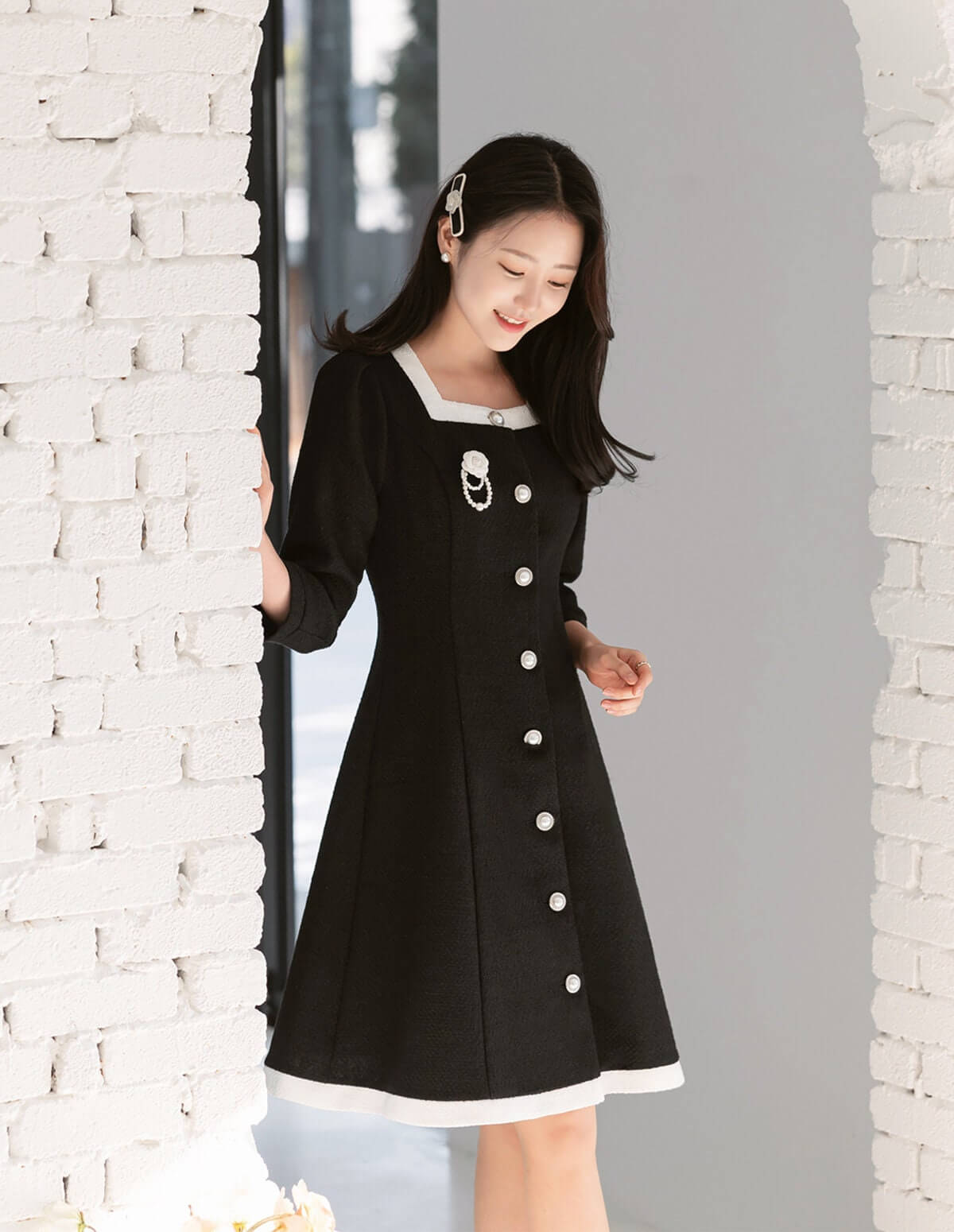 Elegant Feminine Square Neck Tweed Dress / Korean Style Mini Dress / Luxury wear Elegant Jacket Style Dress for Spring, Fall