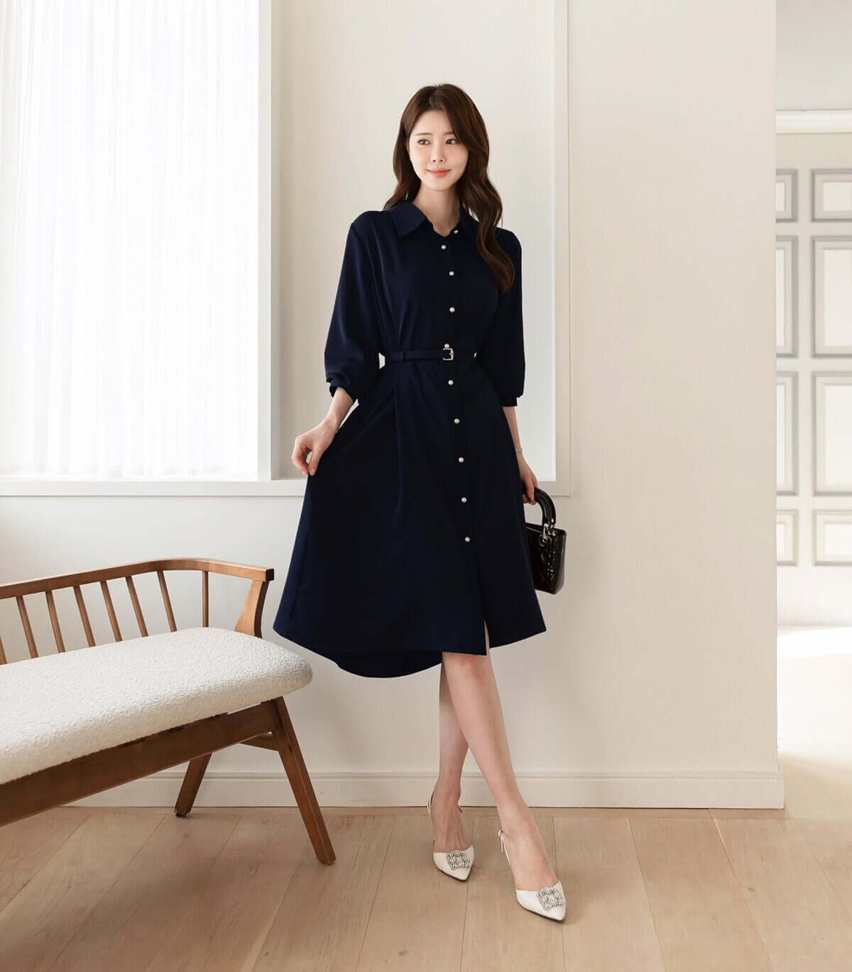 Elegant Feminin Long Sleeve Shirtdress with Belt / Korean Style Pearl Button Midi Flare Dress / Spring Fall Midi Dress