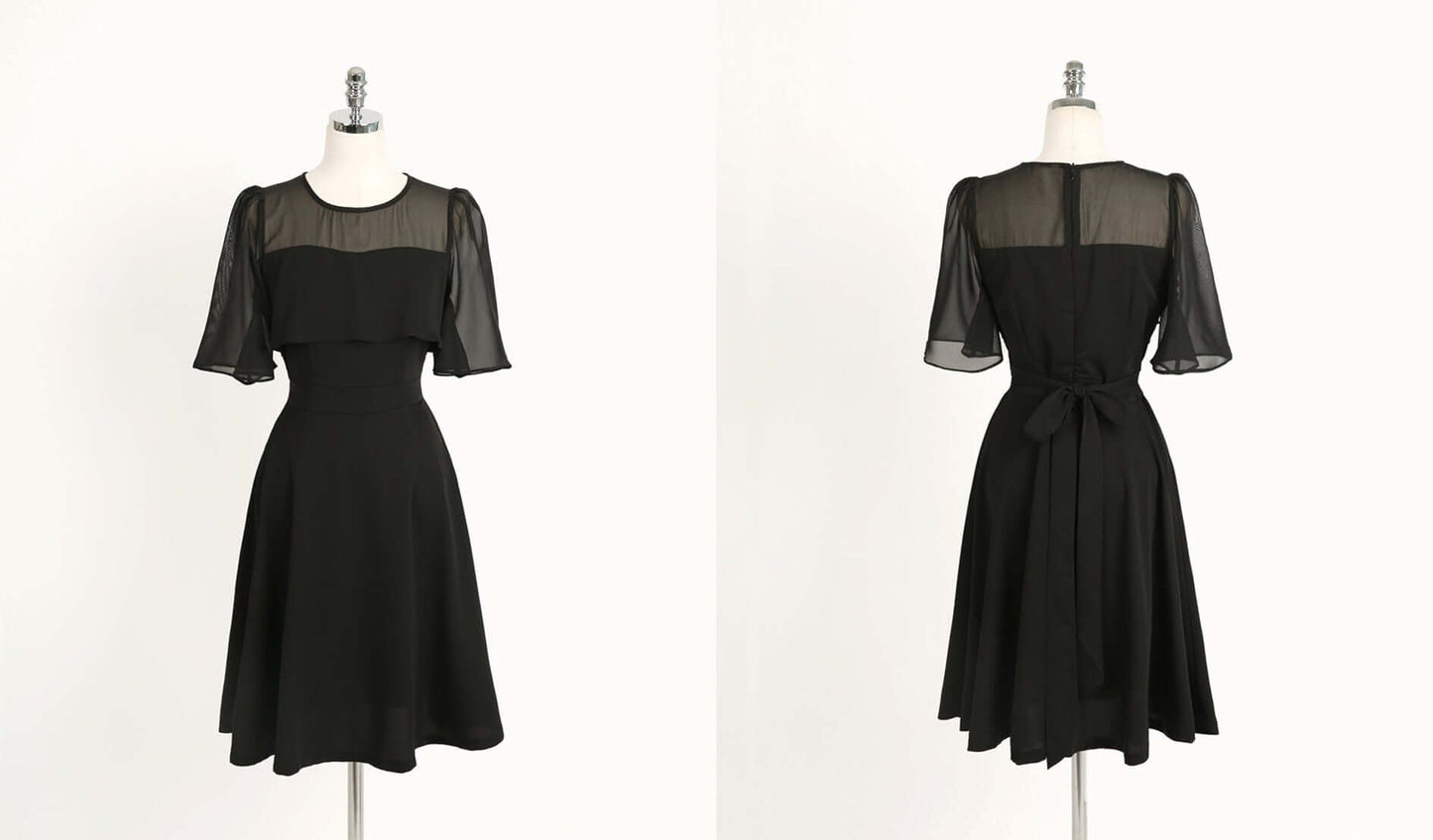See-Through Sleeve Black Mini Dress / Korean Style Women Dress / Elegant Black Dress / Simple Flare Mini Dress