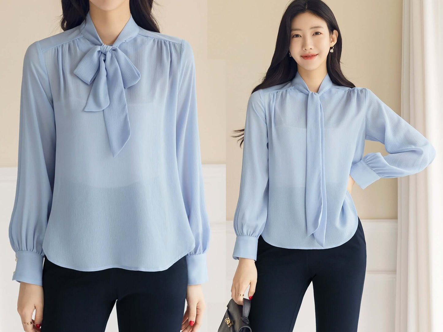 Soft Blouse Top with Tie / Korean Style Tie Neck Blouse Top / Office Look Top / Everyday Long Sleeve Blouse