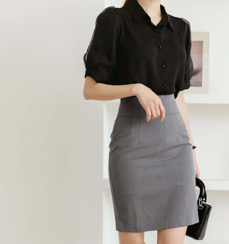 Lovely Feminine Short Sleeve Blouse / Korean Style Organza Puff Sleeve Blouse Top / Office Look Top / Everyday Soft Blouse for Summer