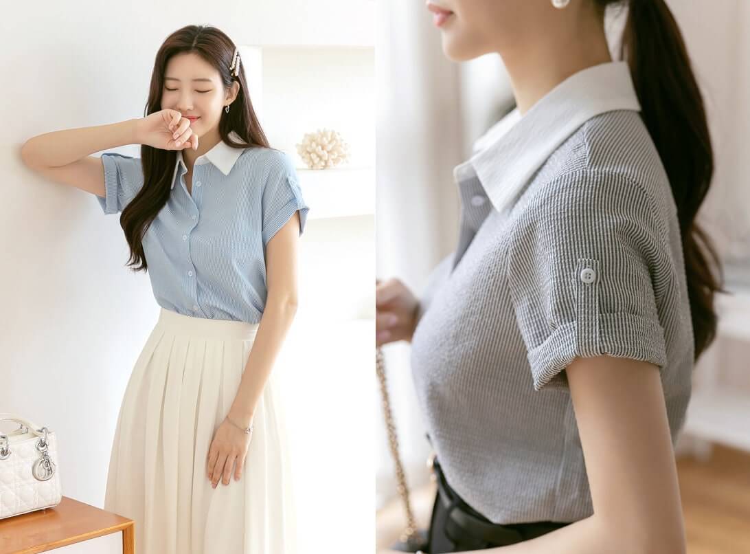 Basic Striped Short Sleeve Shirt Blouse / Korean Style Luxury Feminine Clothes / Stylish Office Look Top / Everyday Soft Summer Blouse