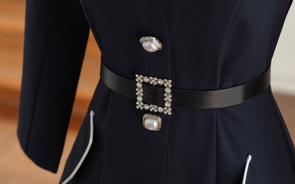 Navy Big Collar Flare Dress with Jewel Belt / Korean Style Women Dress / Elegant Feminin Wide Collar Dress