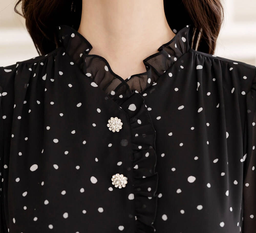 Lovely Dot Pattern Chiffon Long Dress / Long Sleeve Flare Midi Dress / Korean Style Feminin Midi Dress