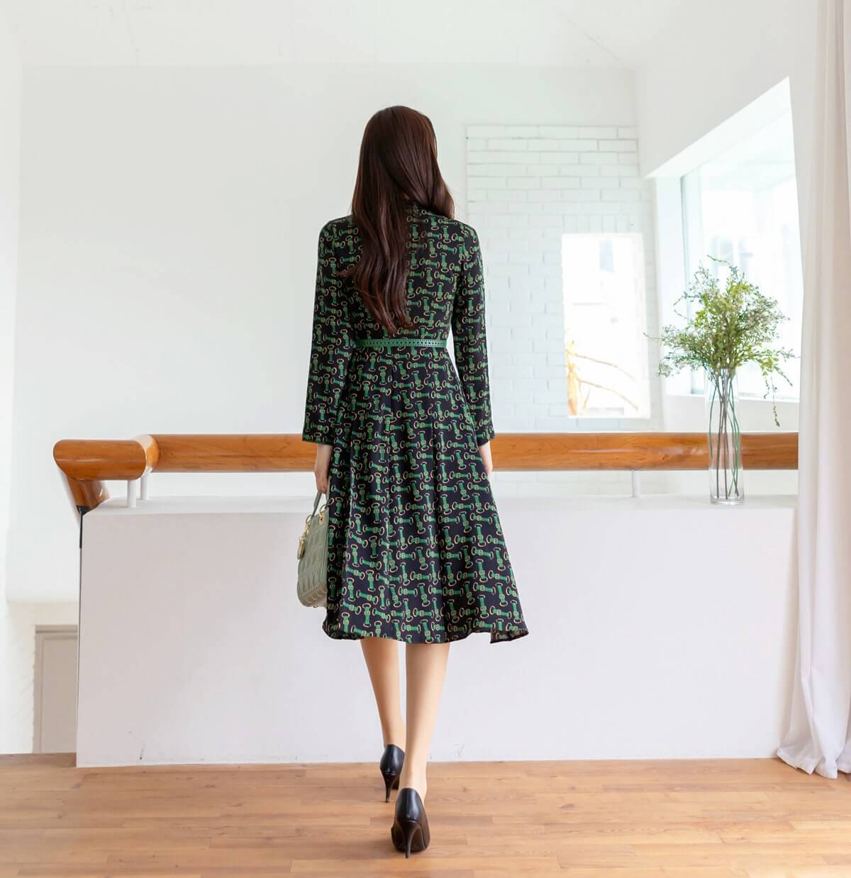 Elegant Chic Patterned Flare dress with Belt / Korean Style Unique Midi Dress / Spring Fall Long Sleeve Midi Dress
