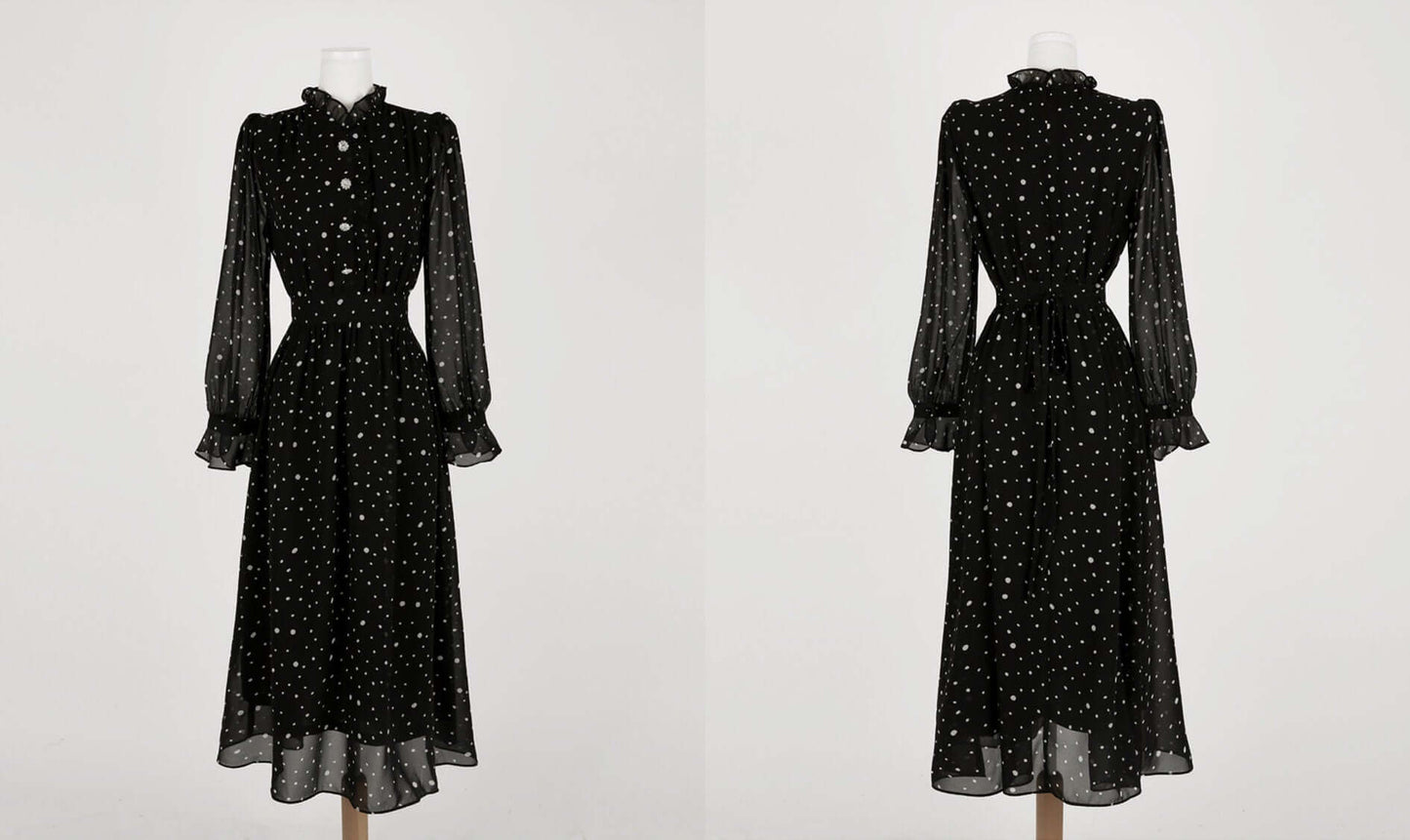 Lovely Dot Pattern Chiffon Long Dress / Long Sleeve Flare Midi Dress / Korean Style Feminin Midi Dress