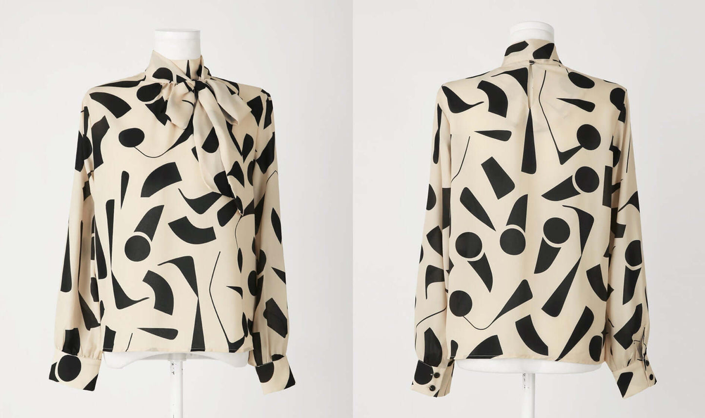 Modern Chic Pattern Long Sleeve Tie Blouse / Korean Style Tie Neck Blouse Top / Office Look Top / Everyday Soft Blouse