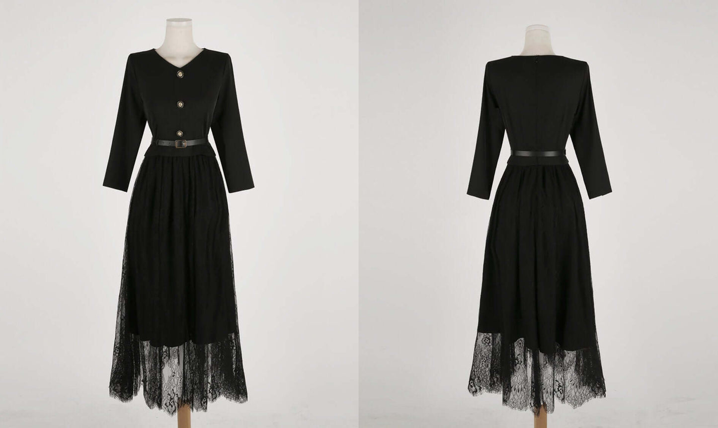 Elegant Feminin 3/4 Sleeve Dress with Belt / Korean Style Blouse and Lace Skirt for One-piece Dress / Modern Chic Long Dress