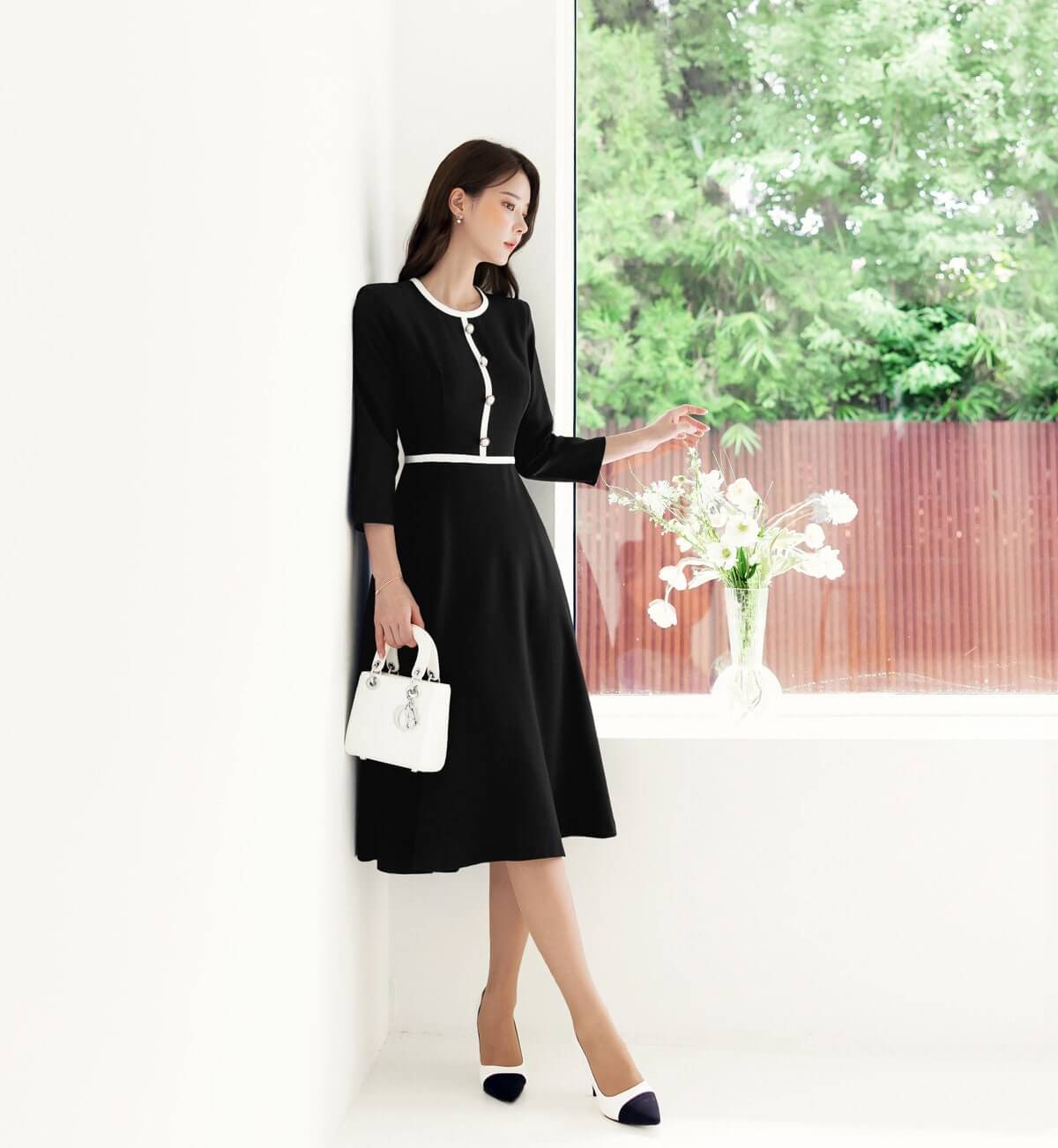 Elegant Feminine Black Flare Dress for Spring Fall / Korean Style Classic Midi Dress / Luxury wear Elegant Dress in Black
