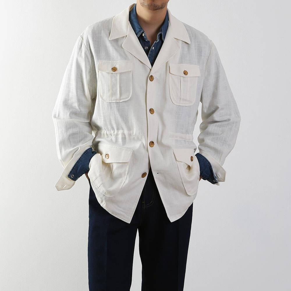 Men's Basic Spring Summer Linen Safari Jacket / Ivory Color Summer Coat for Men / Short Coat Jacket