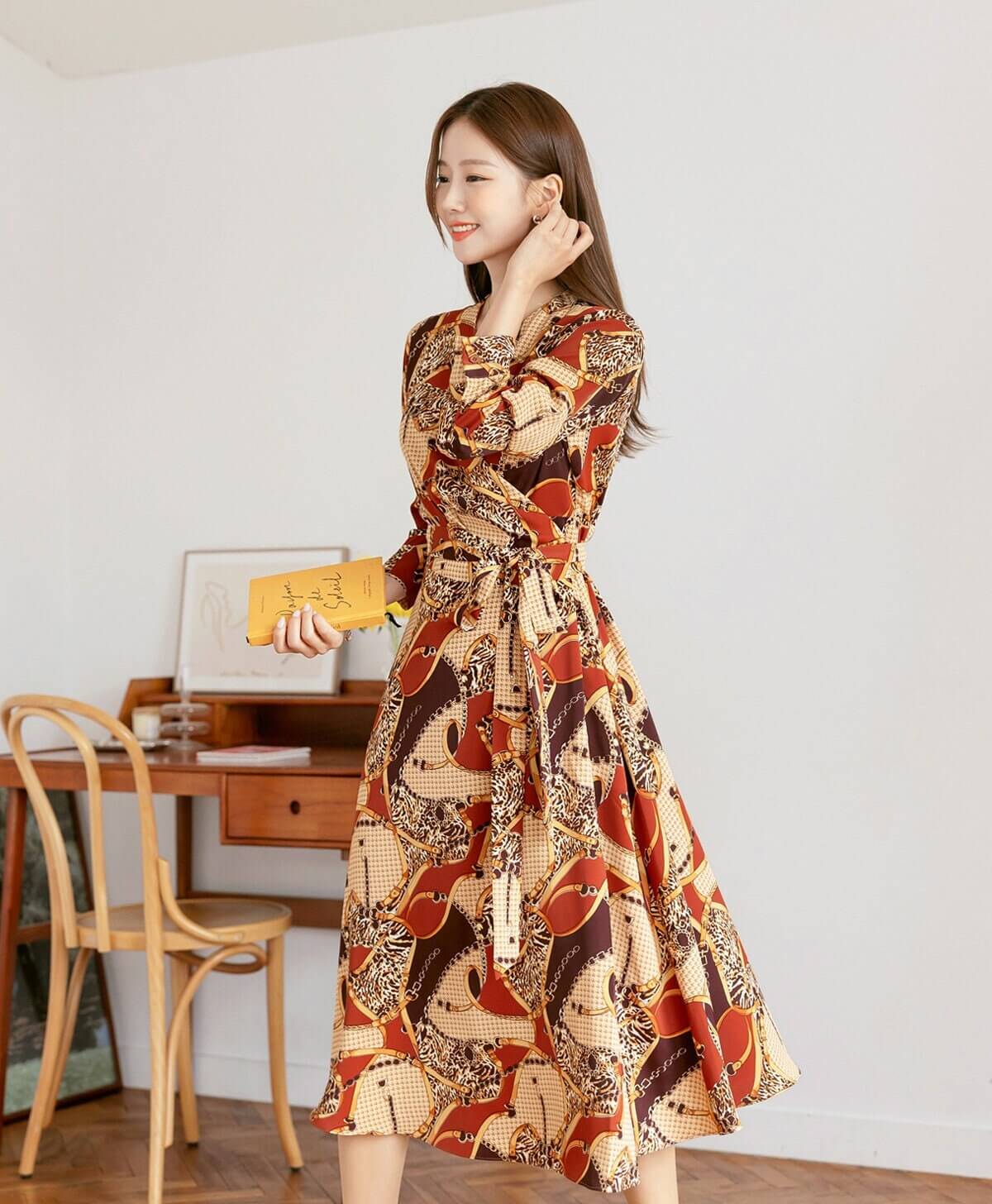 Glamorous Multi-Patterned Wrap Style Dress / Korean Style Women Midi Dress / Elegant Feminin Long Dress