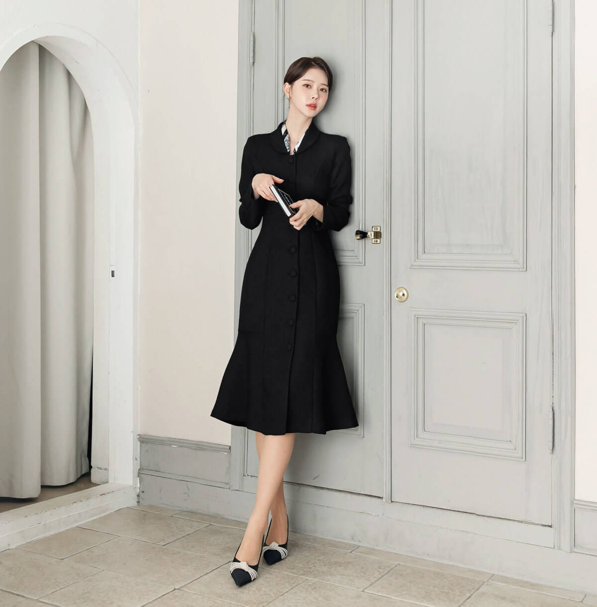 Elegant Feminin Single Button Midi Dress / Korean Style Long Sleeve Mermaid Dress / Modern Chic Midi Dress / Jacket Dress