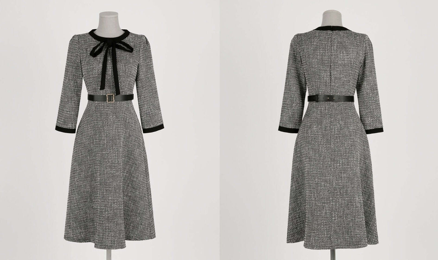 Elegant Feminine Tweed Dress with Belt / Korean Style Lovely Flare Dress / Luxury wear Elegant Dress for Fall Winter