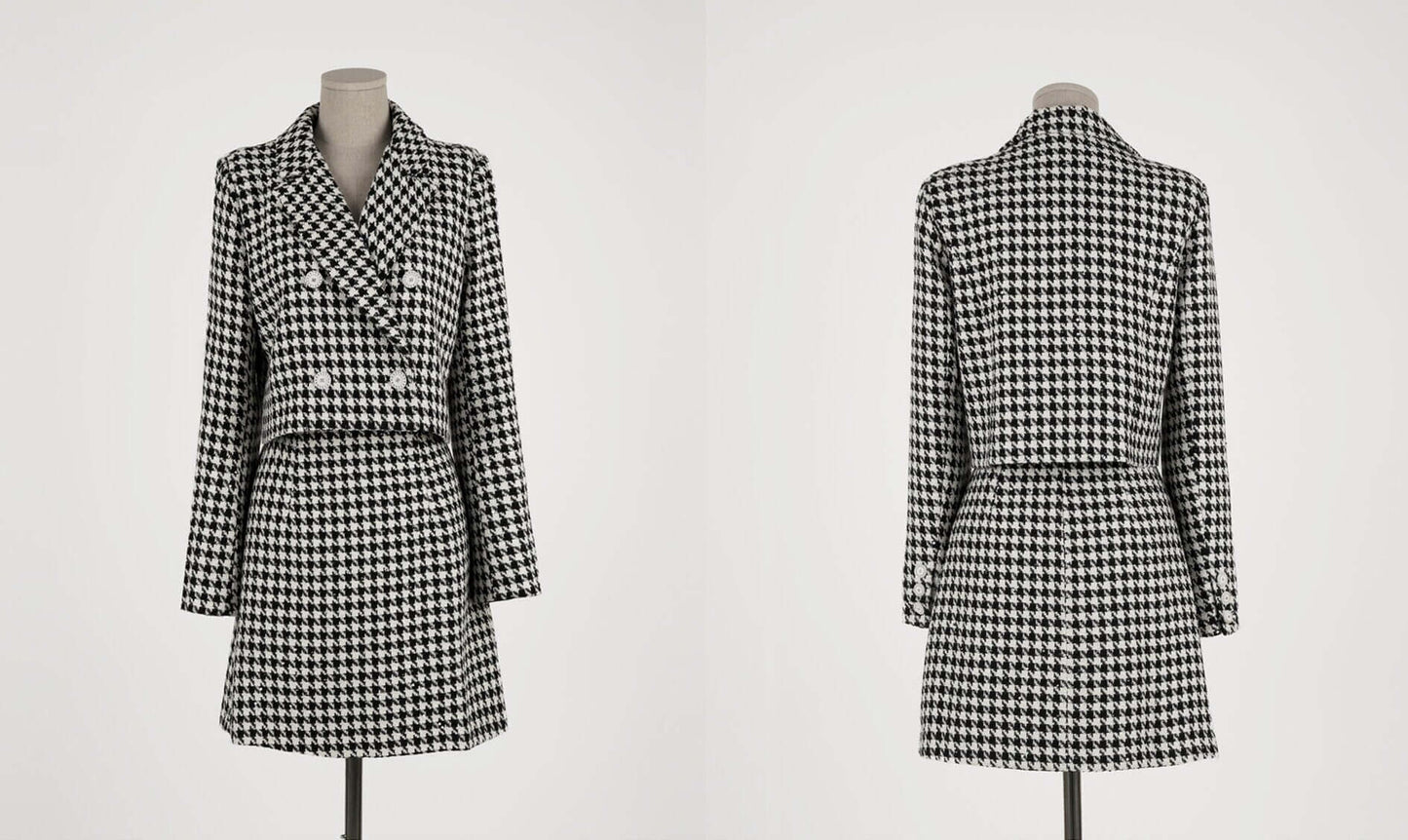 Elegant Houndstooth Pattern Tweed Crop Jacket Blazer for Fall Winter / Korean Style Classic Set up Jacket / Luxury wear Soft Jacket