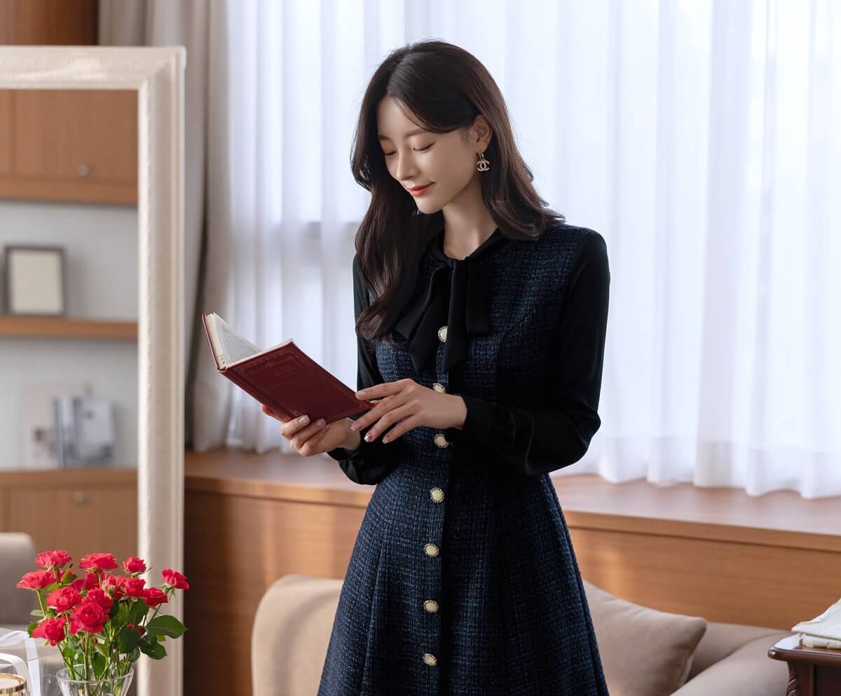 Classic Elegant Layered Tweed Flare Dress / Korean Style Feminine Ribbon Tie Neck Dress / Luxury Wear Elegant Dress
