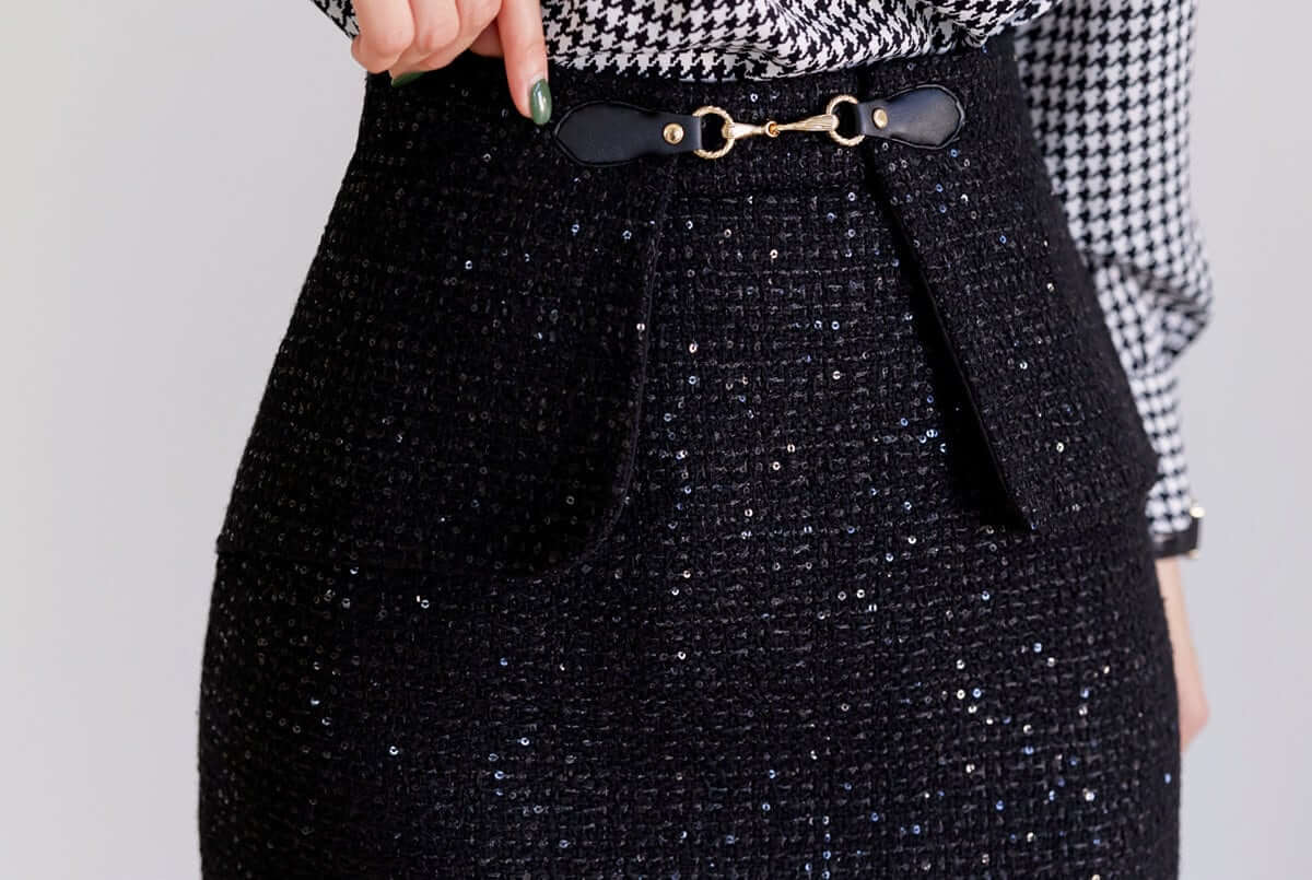 Elegant Feminin Black Tweed Peplum Skirt / Korean Style Office Look Set Up Skirt / Daily Midi Skirt for Fall to Spring