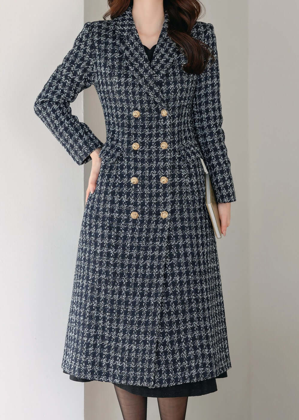 Elegant Feminine Classic Double Breasted Tweed Coat / Korean Style Coat Jacket for Women / Women Long Double Breasted Coat in Navy Color